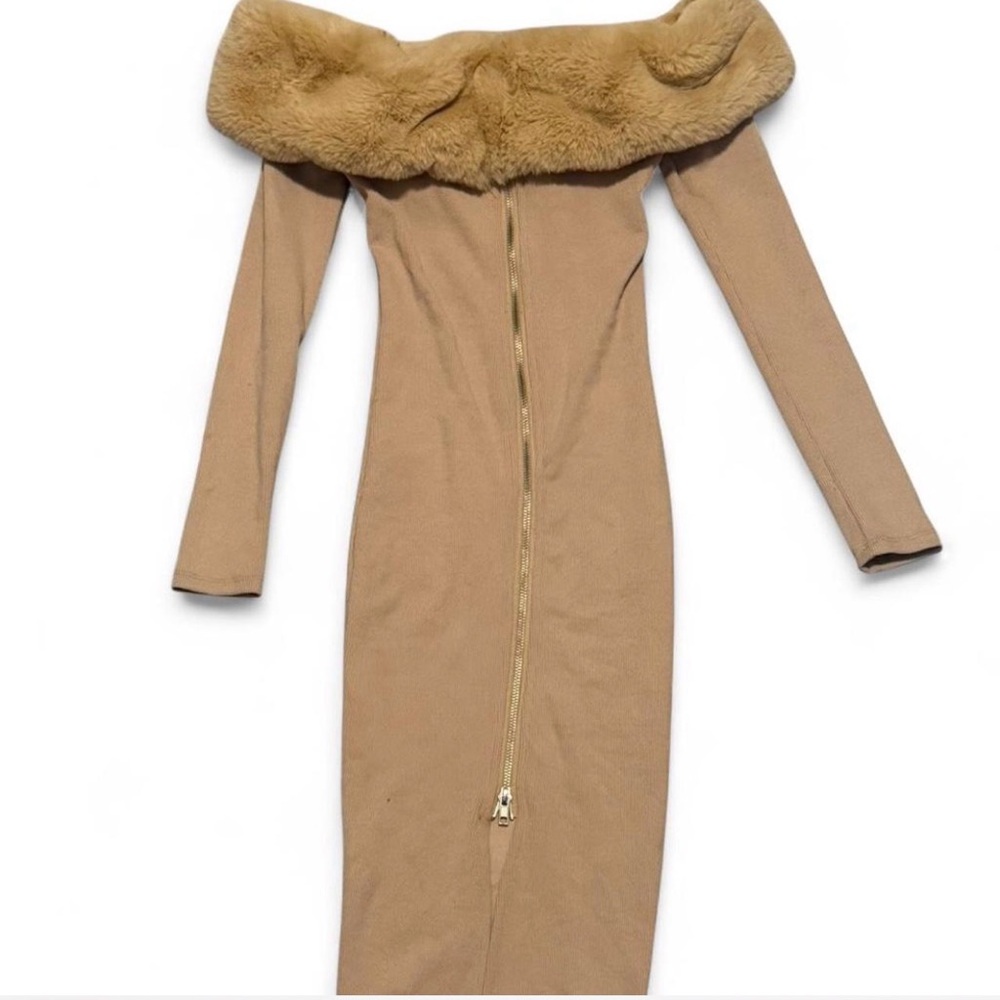 Fashion Nova Tan Long Sleeve Dress with Faux Fur